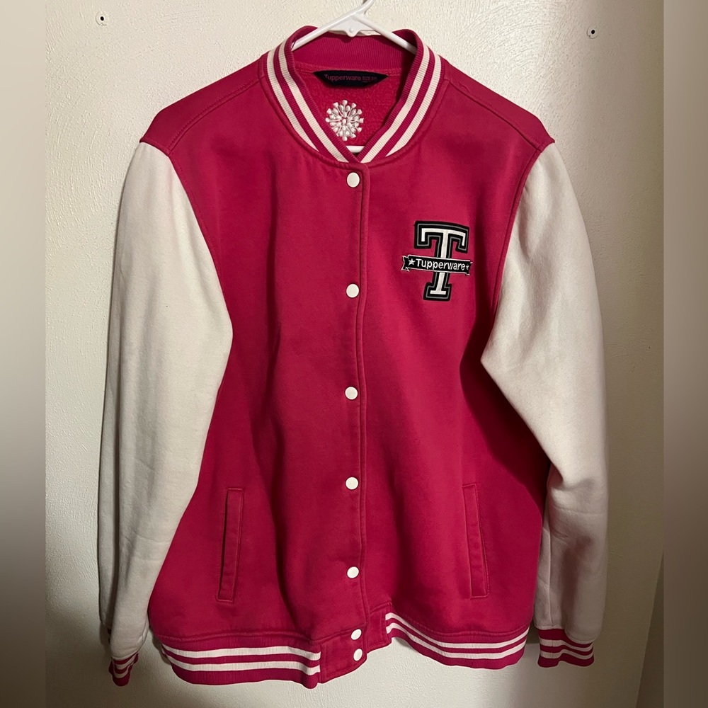 TUPPERWARE‎ Classic Letterman Varsity Style Logo Button Up Jacket Pink White 2XL